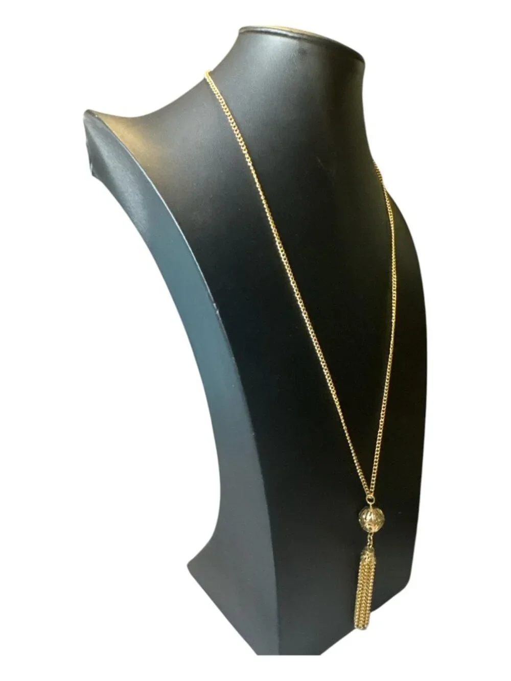 Vintage Gold Tone Tassel Pendant Necklace – 24 Inch Chain – Filigree Bead Drop